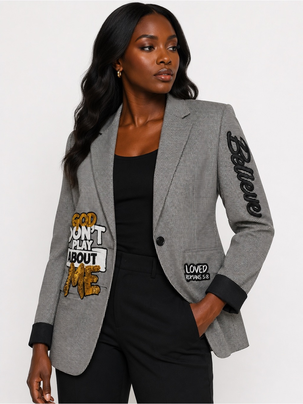 Back/White Houndstooth Patch Blazer - Women Jackets & Coats